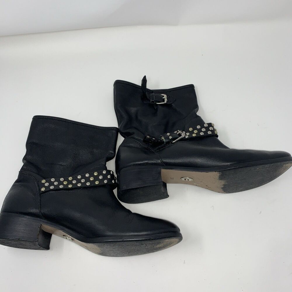 Carmim Women's Biker Moto Boots Black Leather Studded Buckle Strap Ankle Boots - Picture 6 of 14